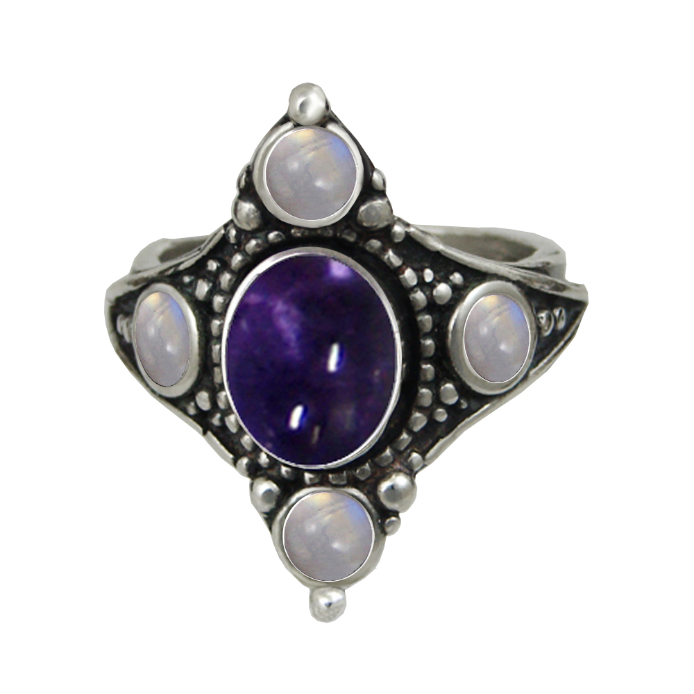 Sterling Silver Renaissance Queen's Ring With Iolite And Rainbow Moonstone Size 9